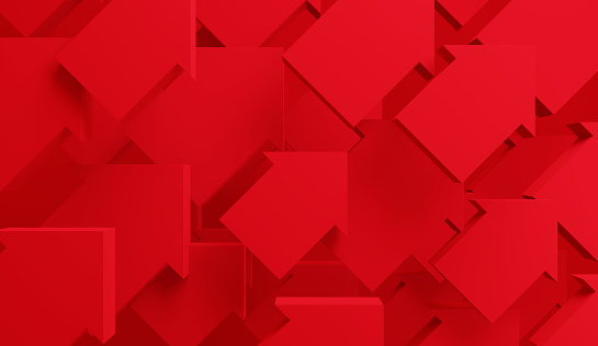 3D Illustration.Lots of red diagonal up-arrow shapes on red background. Image of rising, growing, and up.