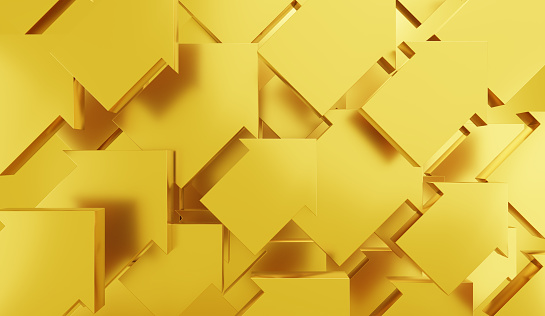 3D Illustration.Many diagonal up-arrow shapes on gold background. Image of rising, growing, and up.