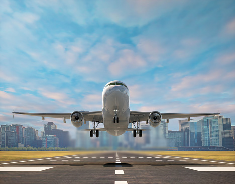 Commercial airplane Take off on airport runway with city in the background and beautiful afternoon skies, 3D illustration.