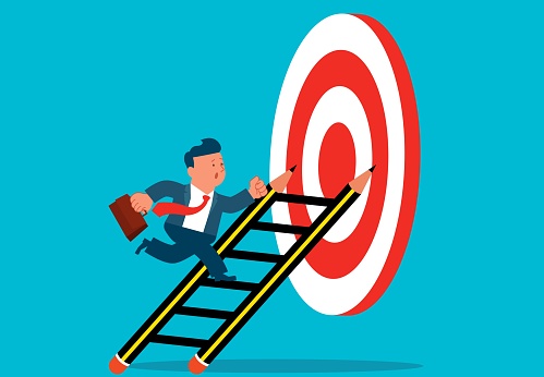 Creative idea and creative plan help businessman reach and achieve bigger goals and opportunities, businessman climbs pencil ladder with swagger to reach bullseye