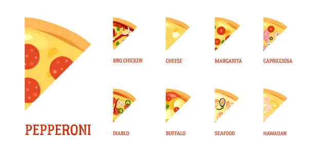 Vector illustration of A set of pizza icons with different flavors.