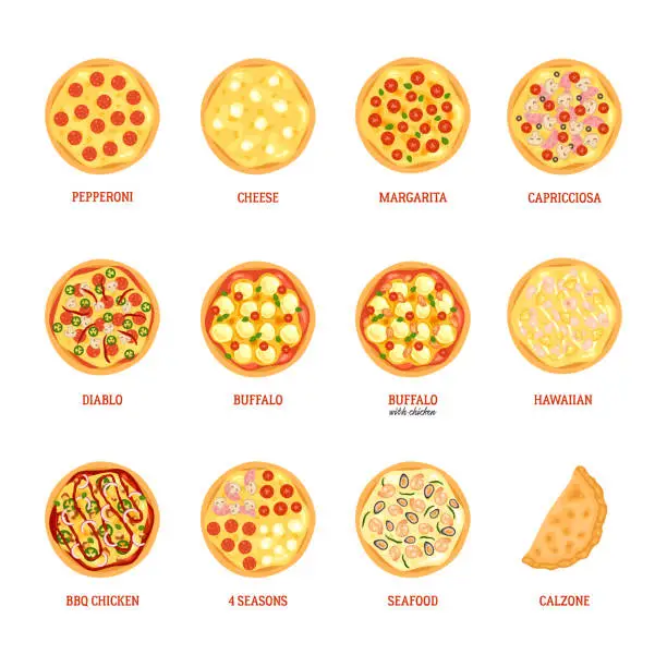 Vector illustration of Set of pizza with different ingredients.