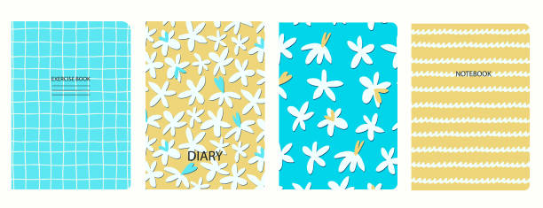 Cover page templates based on patterns with flowers in Ditzy style, gridlines. Headers isolated, replaceable Set of cover page templates based on patterns with anemone, poppy flowers in Ditzy style and gridlines. Backgrounds for notebooks, notepads, diaries. Headers isolated and replaceable workbook paper checked mesh stock illustrations