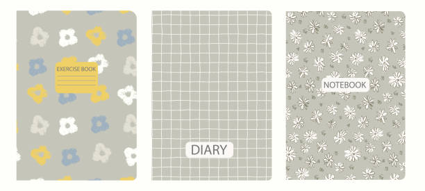 Cover page templates based on patterns with flowers in Ditzy style, gridlines. Headers isolated, replaceable Set of cover page templates based on patterns with anemone, poppy flowers in Ditzy style and gridlines. Backgrounds for notebooks, notepads, diaries. Headers isolated and replaceable workbook paper checked mesh stock illustrations