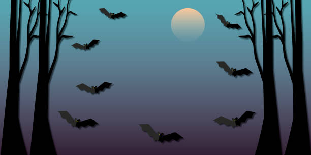 ilustraciones, imágenes clip art, dibujos animados e iconos de stock de feliz halloween con árbol, murciélago y luna llena sobre fondo oscuro. ilustración de halloween. - bat moon outdoors nature