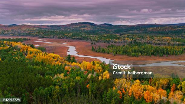 Aerial View Of Nature Near Aurora Maine In Fall Stock Photo - Download Image Now - Maine, Aerial View, Stream - Body of Water