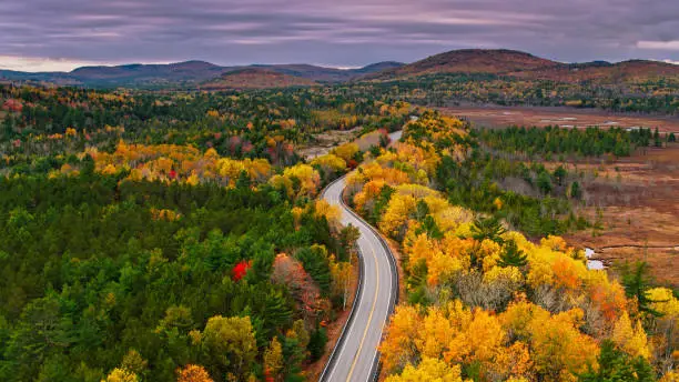 Photo of Aerial View of Road Through Forest in Western Maine in Autumn