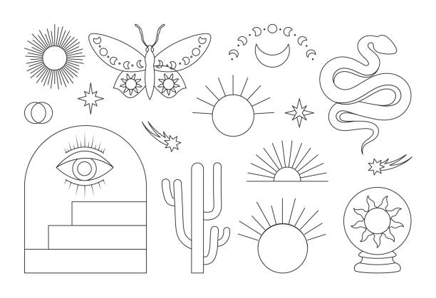 Line bohemian design set Line bohemian design set. Collection of minimalist elements in boho style. Mysticism and esotericism. Snake, sun, butterfly and moon. Cartoon flat vector illustrations isolated on white background simple snake tattoo drawings stock illustrations