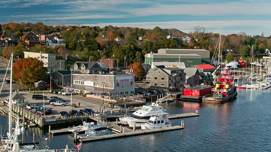 Kennebunkport, ME, USA August 12, 2013 A whale watch ship is docked at a small harbor in Kennebunkport, Maine