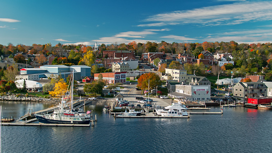 Aerial shot of Belfast, Maine on a clear sunny day in autumn.