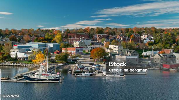 Drone Shot Of Waterfront In Belfast Maine In Fall Stock Photo - Download Image Now - Belfast - Maine, Maine, Harbor