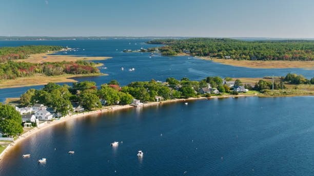 istock Weweantic River Flowing into Buzzards Bay in Wareham, Massachusetts - Aerial View 1412978277