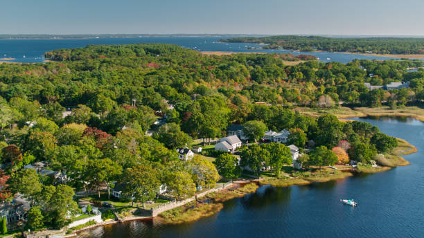 istock Drone Shot of Homes in Wareham, MA on a Sunny Day in Fall 1412978280