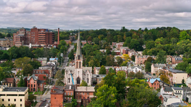 Aerial View of Community in Newburgh, New York Aerial shot of Newburgh, a small city in the Hudson River Valley in Orange County, New York on a cloudy autumn afternoon. orange county new york stock pictures, royalty-free photos & images