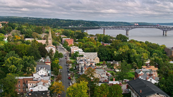 Aerial shot of Newburgh, a small city in the Hudson River Valley in Orange County, New York on a cloudy autumn afternoon.