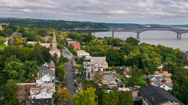 Aerial Shot of Newburgh, New York and Hudson River Aerial shot of Newburgh, a small city in the Hudson River Valley in Orange County, New York on a cloudy autumn afternoon. hudson valley stock pictures, royalty-free photos & images