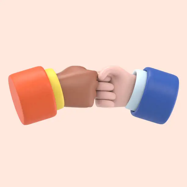 Photo of Fist to fist greeting, alternative to shaking hands, fist to fist punch, illustration isolated on yellow background, 3D rendering