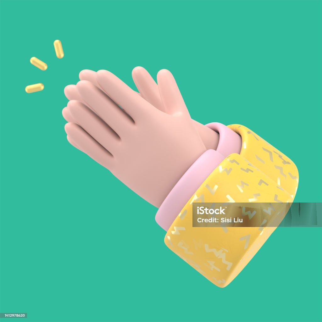 Cartoon character hands clapping or applause with loud noise. Business clip art isolated on green background. Performance 3d illustration. Emoticon Stock Photo
