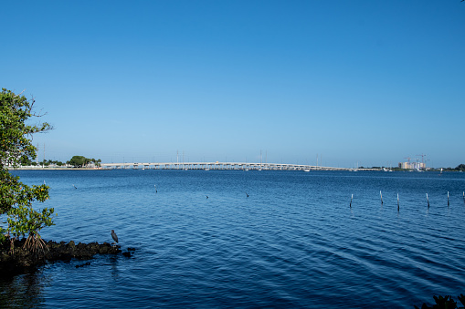 Calm blue waters under a bright blue summer sky, great for boating, sailing, and fishing, landscape on the Peace River, in Punta Gorda Florida