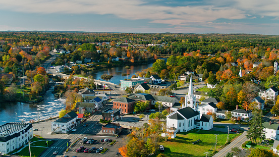 Aerial shot of Machias, Maine on a clear sunny day in autumn. Machias is small coastal town in Washington County with deep colonial history.