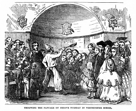Before fasting for Lent, on Shrove Tuesday pancakes are served at Westminster School, England. Illustration published 1863. Source: Original edition is from my own archives. Copyright has expired and is in Public Domain.