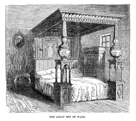 William Shakespeare mentioned The Great Bed of Ware in his play Twelfth Night, referring to a giant oak four-poster bed at an in at Ware, England. Illustration published 1863. Source: Original edition is from my own archives. Copyright has expired and is in Public Domain.