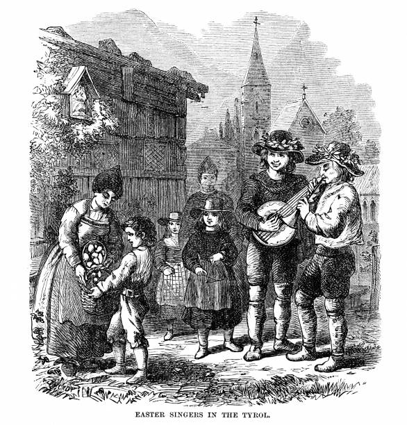 Easter Celebration for Children in Austria Musician play instruments. A woman puts Easter eggs in boy's basket. The priest is at the party and the church in the background in Tyro, Austria. Illustration published 1863. Original edition is from my own archives. Copyright has expired and is in Public Domain. troubadour stock illustrations