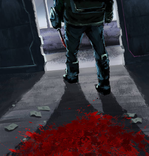 A Man Walked out the Door Holding a Bloody Knife in His Hand. The Ground was Covered with Blood. Concept Art. Book Illustration. Video Game Scene. Serious Digital Painting. CG Artwork Background. bloody money stock illustrations