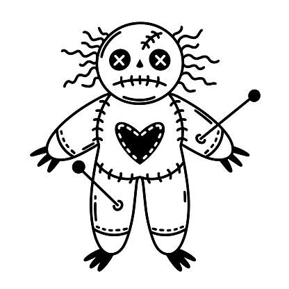 Voodoo doll vector icon. Sad fabric toy. Ritual magical symbol. Black outline, simple sketch isolated on white. Doll with a heart, a body with stuck needles. Clipart for web, logo, apps, printing, esoteric sites