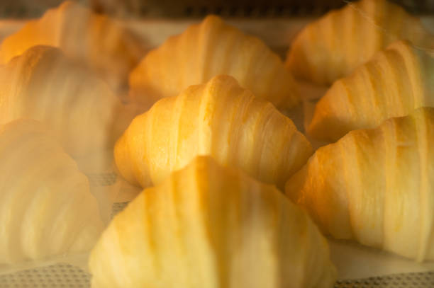 Croissant is baked in an oven at illumination.
