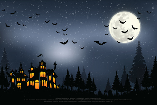 Castle, haunted house and ghost hands, tomb on full moon night. illustrator Vector Eps 10.