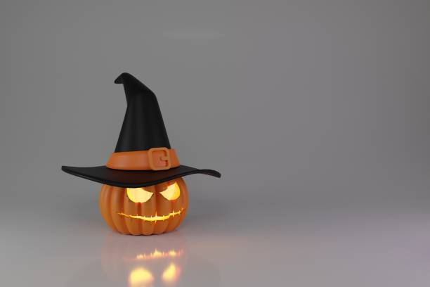 istock Halloween pumpkins with hat party.Jack O Lantern Pumpkin with witch hat isolate background.party october horror scary.Place for text.3D rendering illustration 1412989172