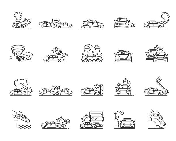 illustrations, cliparts, dessins animés et icônes de accident de voiture, dommages dans l’icône de la ligne de catastrophe naturelle - wreck
