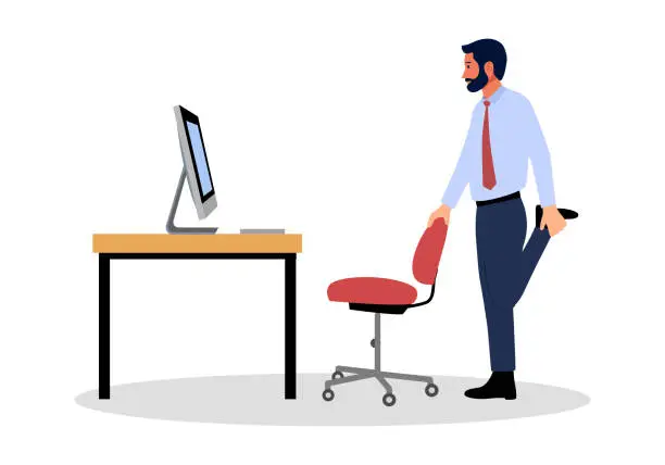 Vector illustration of Businessman doing exercise in office concept vector illustration. Office syndrome prevention. Stretching exercise.