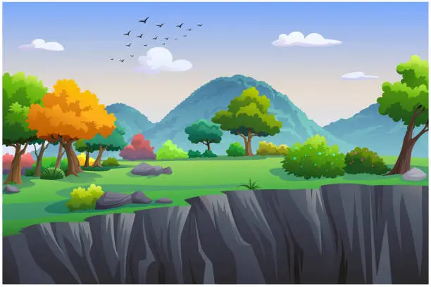 Vector illustration of The nature trail had trees and mountains .
