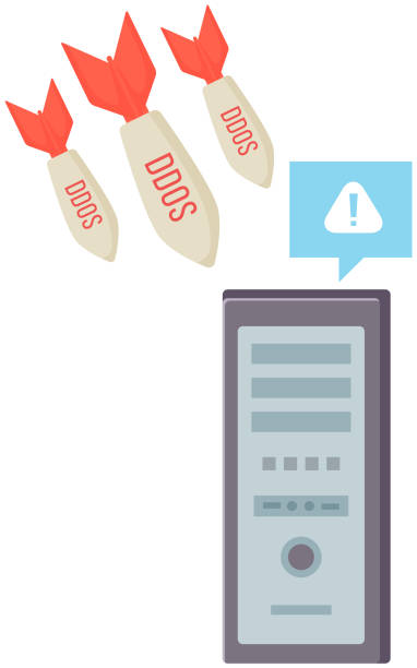 Distributed denial of service, hacking isolated flat vector illustration. Bombs fly down to server Distributed denial of service, hacking isolated vector illustration. Bombs fly down to server. Vulnerability scanning cocnept, ddos attack. Data center and web hosting symbol. Evading firewall or IDS distributed denial of stock illustrations