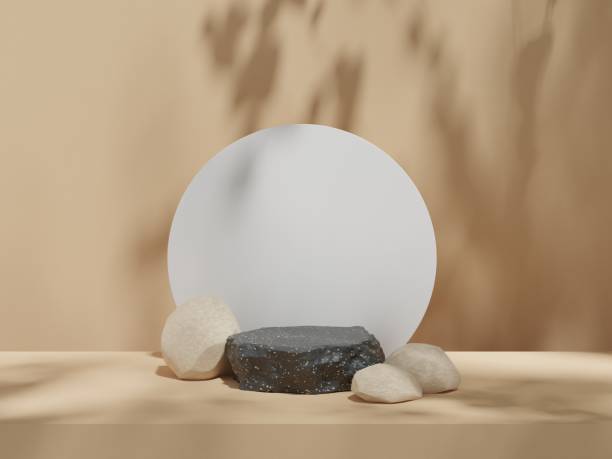 istock Premium podium display with leaf shadow, Cosmetics or beauty product promotion mockup. Natural stone step pedestal. Trendy minimalist banner, 3D render illustration. 1412992941