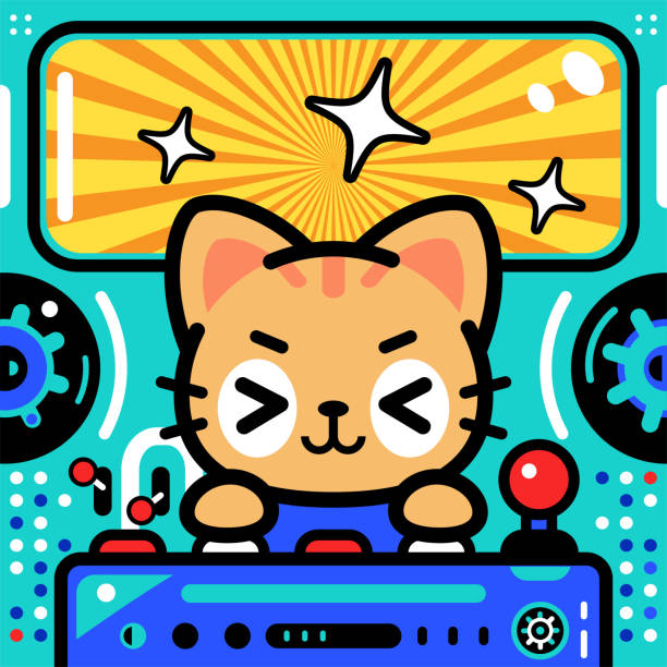 귀여운 고양이가 빛의 속도로 무제한 파워 우주선을 조종하고 있습니다. - driving speed humor video game stock illustrations