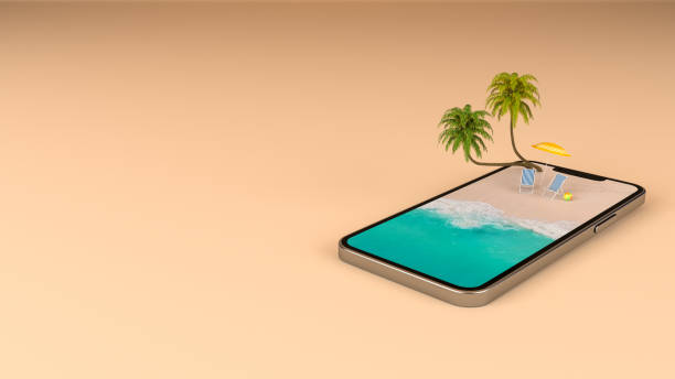 istock Summer vacation beach holiday travel destination on mobile phone screen, 3d rendering 1412995466