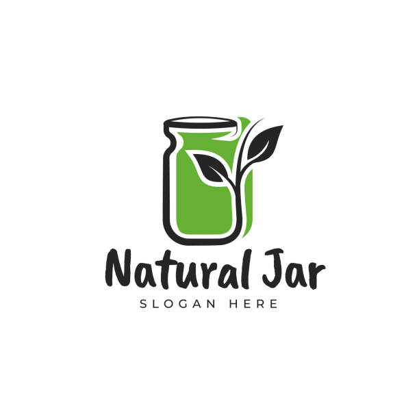 einfache glasgefäßillustration mit grüner naturblatt-emblem-designvorlage - jar canning food preserves stock-grafiken, -clipart, -cartoons und -symbole
