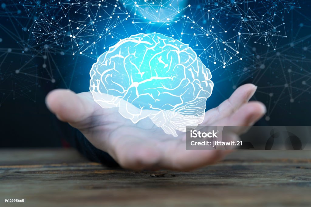 Abstract palm hands holding brain with network connections, innovative technology Abstract palm hands holding brain with network connections, innovative technology in science and communication concept Memories Stock Photo
