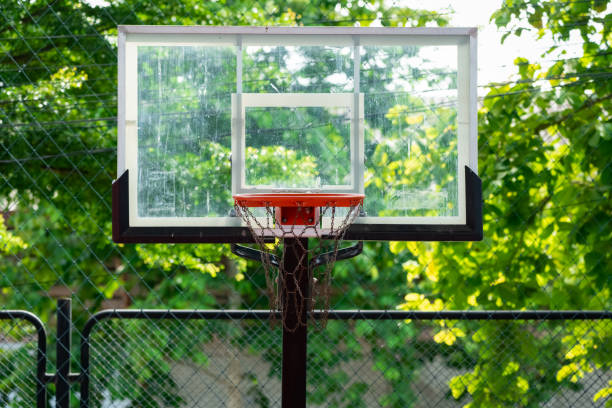 istock basketball backboard is translucent that the green trees in the background can be seen. 1412996630