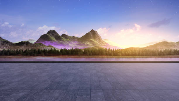 istock Empty concrete floor with mountain and blue sky lake view. 1412999079
