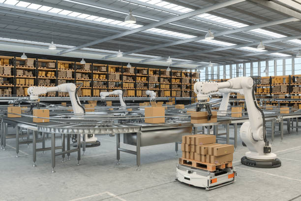 コンベヤベルト上で作業する無人搬送車とロボットを備えた流通倉庫 - 機械アーム ストックフォトと画像