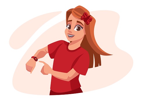 Child with watch. Kid looks to hand with wristwatch. Clock face. Time measurement. Happy punctual teenager showing timepiece on arm wrist. Vector cartoon young person pointing with finger at dial