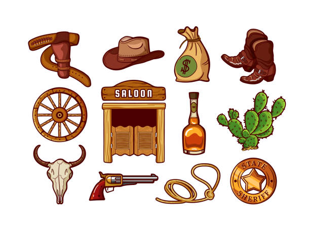 ilustrações de stock, clip art, desenhos animados e ícones de wild west elements. 3d cowboy cactus. cowboy hat and boots. cow or horse skull. realistic adventure cart. saloon door. whiskey bottle. sheriff sign. pistol with holster. vector isolated set - cowboy hat wild west hat wood