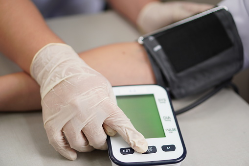Image of digital blood pressure measuring, close up, medical, blood pressure monitoring technique.