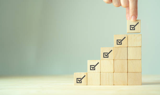 istock Corporate regulatory and compliance. Quality control management, ISO certification. Product, service quality warranty. Checklist survey and assessment  process. Wooden cube with check mark icon. 1413003424