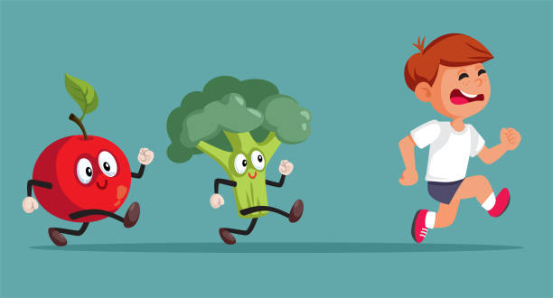 lustiges kind, das vor gesundem gemüse und obst davonläuft vektor-cartoon - food cartoon vegetable running stock-grafiken, -clipart, -cartoons und -symbole