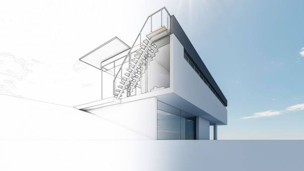 istock 3D rendering of a modern house against a blue sky 1413005698